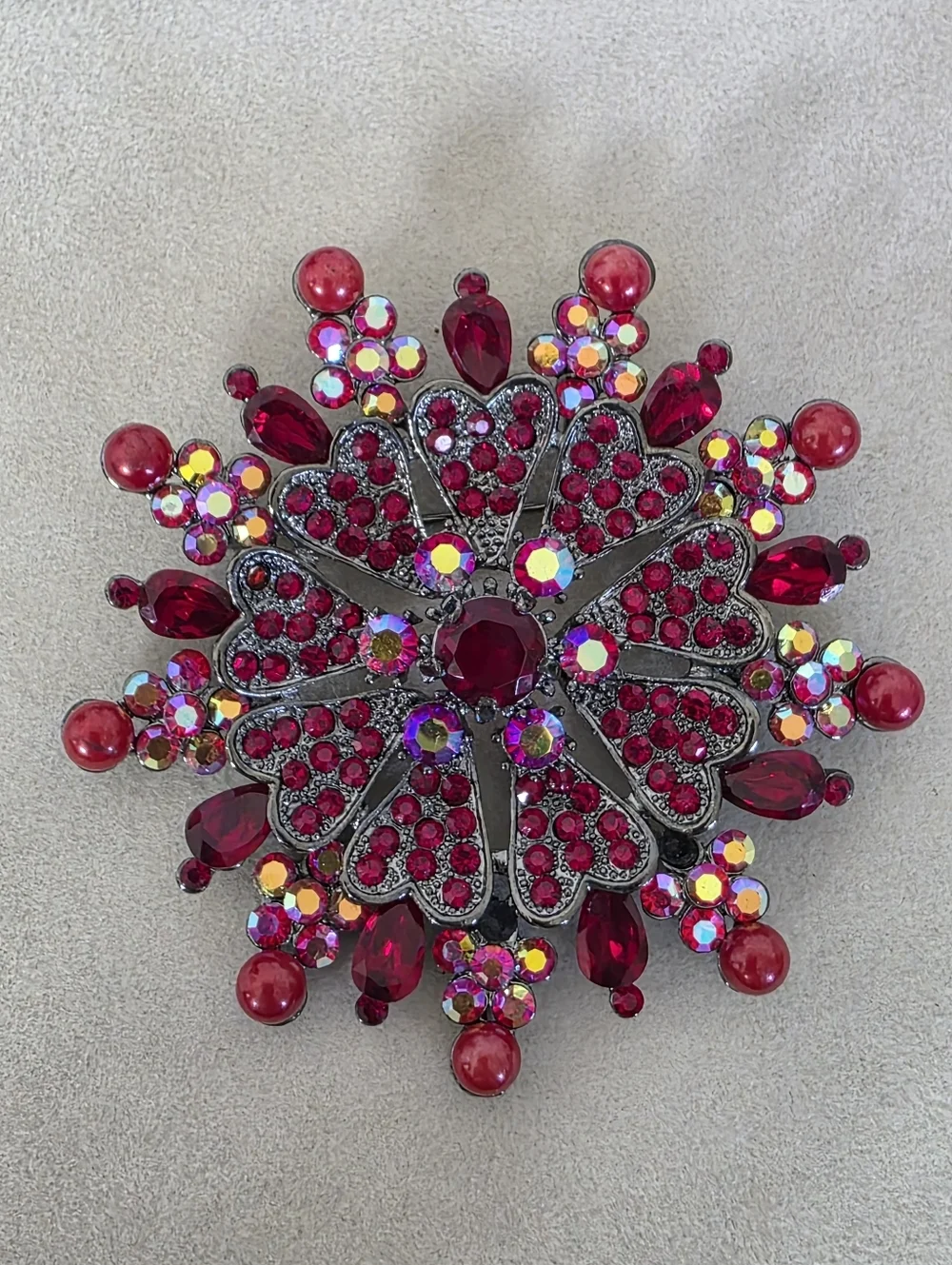Silver Gunmetal with AB Red Rhinestone Flower Sunburst Brooch Pin